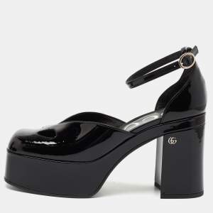 Gucci Black Patent Leather Marvin Ankle Strap Pumps Size 38.5