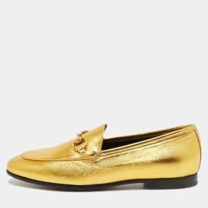Gucci Gold Leather Hosrsebit Jordaan Loafers Size 35 