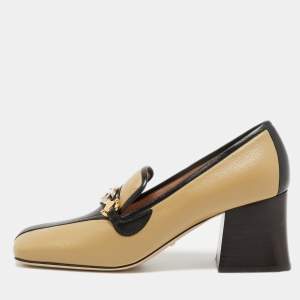 Pre Owned Gucci Beige/Black Leather Zumi Loafer Pumps Size 39