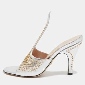 Gucci Silver Leather Studded Cone Slide Sandals Size 36.5 