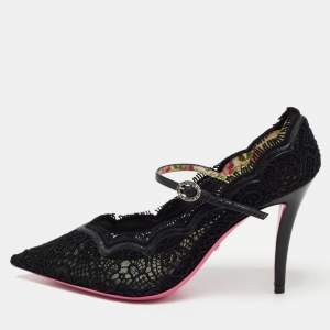 مملوكة مسبقًا Gucci Black Lace and Leather Virginia Mary Jane Pumps Size 37