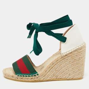 Gucci Multicolor Canvas Web Espadrille Wedge Ankle Wrap Sandals Size 38
