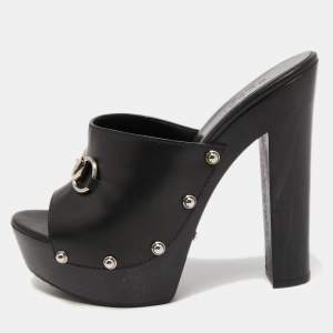 Gucci Black Leather Horsebit Peep Toe Clogs Size 36