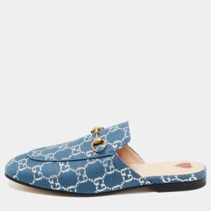Pre Owned Gucci Blue Denium Princetown Horsebit Flat Mules Size 39.5