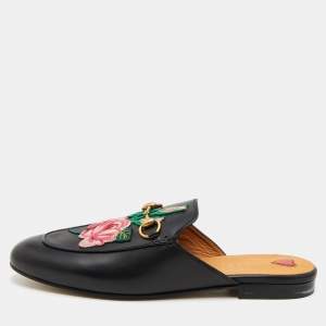 Gucci Black Leather Floral Embroidered Princetown Horsebit Flat Mules Size 39.5