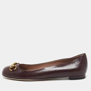 Pre Owned Gucci Burgundy Leather Horsebit Ballet Flats Size 38.5