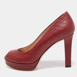 Gucci Burgundy Guccissima Leather Peep Toe Platform Pumps Size 38.5