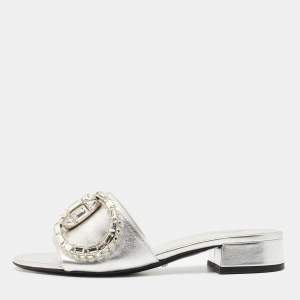 Gucci Silver Leather Crystal Embellished Maxime Slide Sandals Size 37.5