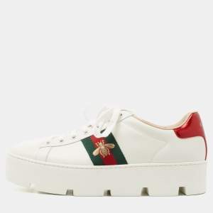 Pre Owned Gucci White Leather Embroidered Bee Ace Platform Sneakers Size 39