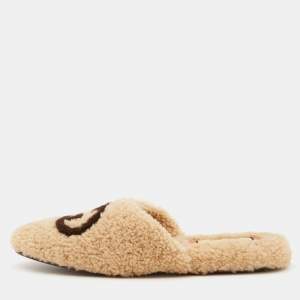 Gucci Beige/Brown Shearling Fur Interlocking G Flat Mules Size 39