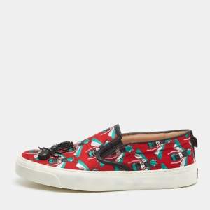 Gucci Red Bee Jacquard Fabric  and Leather Ant Embellished Slip On Sneakers Size 38