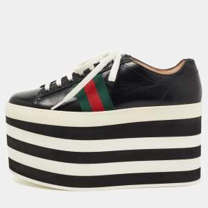 Gucci Black Leather Peggy Platform Sneakers Size 38.5