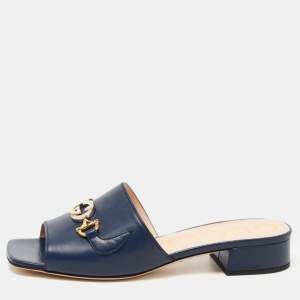Pre Owned Gucci Navy Blue Leather GG Interlocking Zumi Slides Size 38 