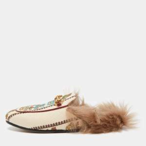 Gucci Beige Canvas and Fur Princetown Mules Size 36