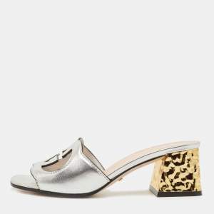 Pre Owned Gucci Silver Leather Cut Out Interlocking G Slide Sandals Size 36