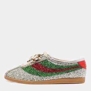 Gucci Silver Glitter Falacer Web Pearl Embellished Bee Low Top Sneakers Size 40.5