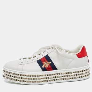Gucci White Leather Embroidered Bee Crystal Embellished Platform New Ace Sneakers Size 38