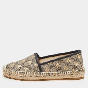 Pre Owned Gucci Beige/Black GG Supreme Canvas and Leather Bee Espadrilles Size 36