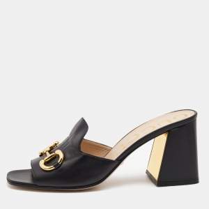 Gucci Black Leather Horsebit Block Heel Slide Sandals Size 42