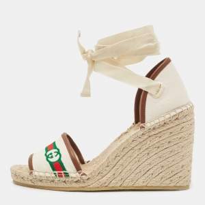 Gucci Cream Canvas and leather Web Espadrille Wedge Sandals Size 36.5