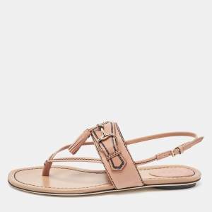 Gucci Brown Leather T-Strap Flat Sandals Size 37.5