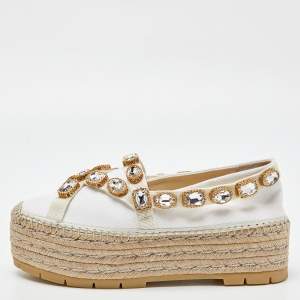 Gucci White Canvas Crystal Embellished Platform Espadrille Flats Size 38
