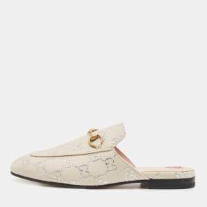 Gucci Grey Canvas Princetown Horsebit Mules Size 37