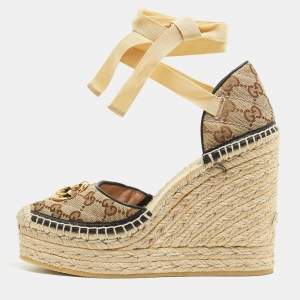 Gucci Brown GG Canvas Wedge Espadrille Sandals Size 36