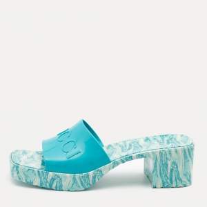 Gucci Green Rubber Marble Detail Block Heel Slide Sandals Size 40