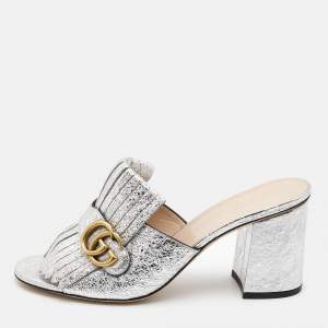 Gucci Silver Foil Leather GG Marmont Slide Sandals Size 41
