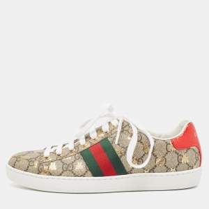 Gucci Brown/Beige GG Supreme Canvas Printed Bee Ace Sneakers Size 38