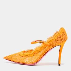 Pre Owned Gucci Neon Orange Mesh and Lace Virginia Mary Jane Pumps Size 41