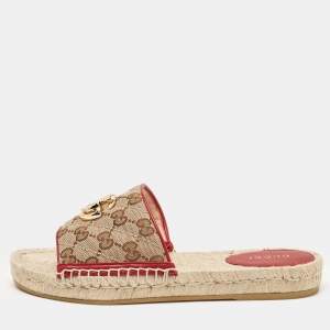 Gucci Beige/Red GG Canvas and Leather Double G Flat Slides Size 36