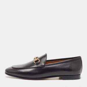 Gucci Black Leather Jordaan Horsebit Slip On Loafers Size 37