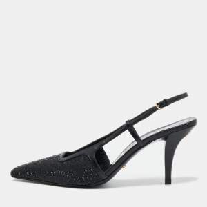 Pre Owned Gucci Black Fabric and Leather Malaga Kid Crystals Slingback Pumps Size 38
