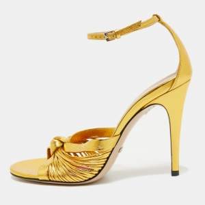 Gucci Metallic Gold Leather Allie Ankle Strap Sandals Size 38.5
