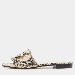 Pre Owned Gucci Beige/Black Python Embossed Leather Interlocking G Logo Flat Slides Size 38