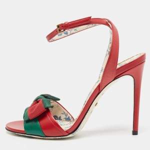 Gucci Red Leather Web Bow Ankle Wrap Sandals Size 38