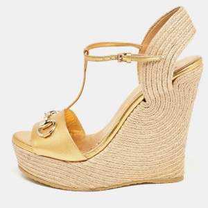 Gucci Metallic Leather Horsebit T-Strap Espadrille Platform Wedge Sandals Size 38