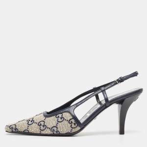 Gucci Beige/Blue GG Canvas and Leather Crystal Embellished Slingback Pumps Size 36.5