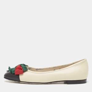 Pre Owned Gucci Off White Leather Web Bow Cap Toe Ballet Flats Size 37.5