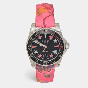Gucci Black Stainless Steel Floral Print Calfskin Leather Dive YA136326 Women's Wristwatch 40 mm