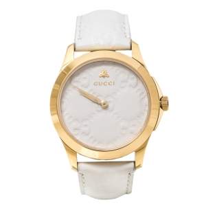 Gucci White Yellow Gold PVD Coated Stainless Steel Leather G-Timeless 126.4 Women's Wristwatch 38 mm