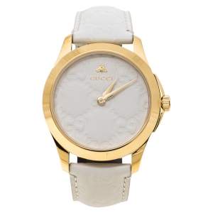 Gucci White Yellow Gold PVD Coated Stainless Steel Leather G-Timeless 126.4 Women's Wristwatch 38 mm