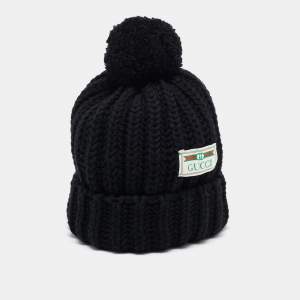 Gucci Black Rib Knit Wool Pom Pom Beanie M