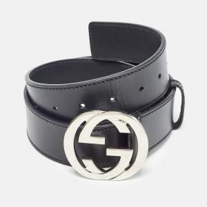 Gucci Black Leather Interlocking G Buckle Belt 85 CM