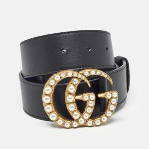 Gucci Black Leather Pearl Double G Buckle Belt 80 CM