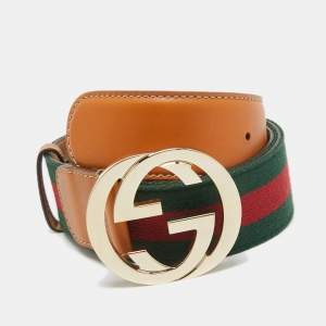 Gucci Tan Leather and Web Canvas Interlocking G Buckle Belt 95 CM