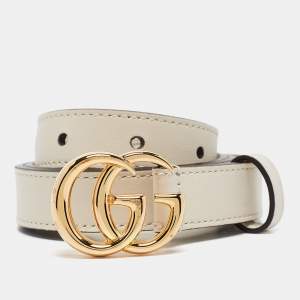 Gucci Off White Leather GG Marmont Buckle Slim Belt 75 CM