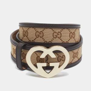 Gucci Beige/Brown GG Canvas and Leather Lovely Heart Buckle Belt 100 CM